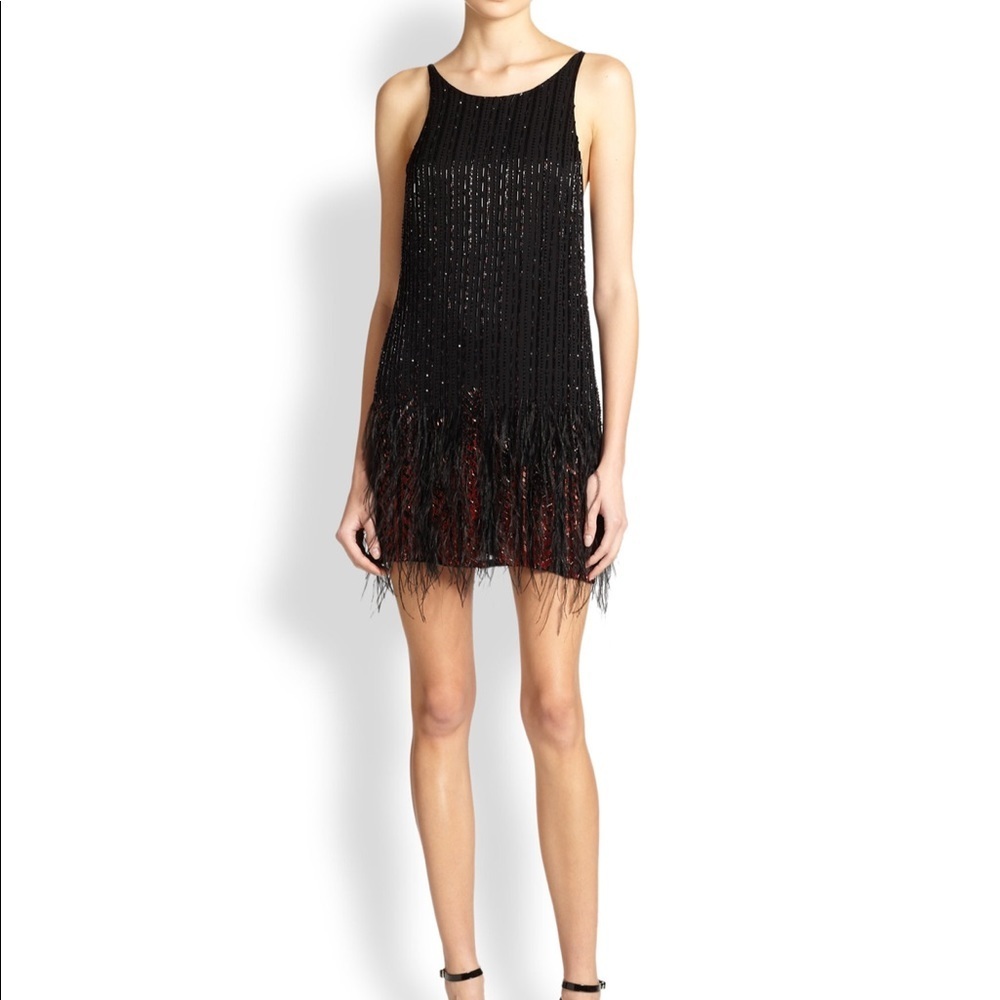 Parker Black Red Beaded Mini Dress Feathers XS